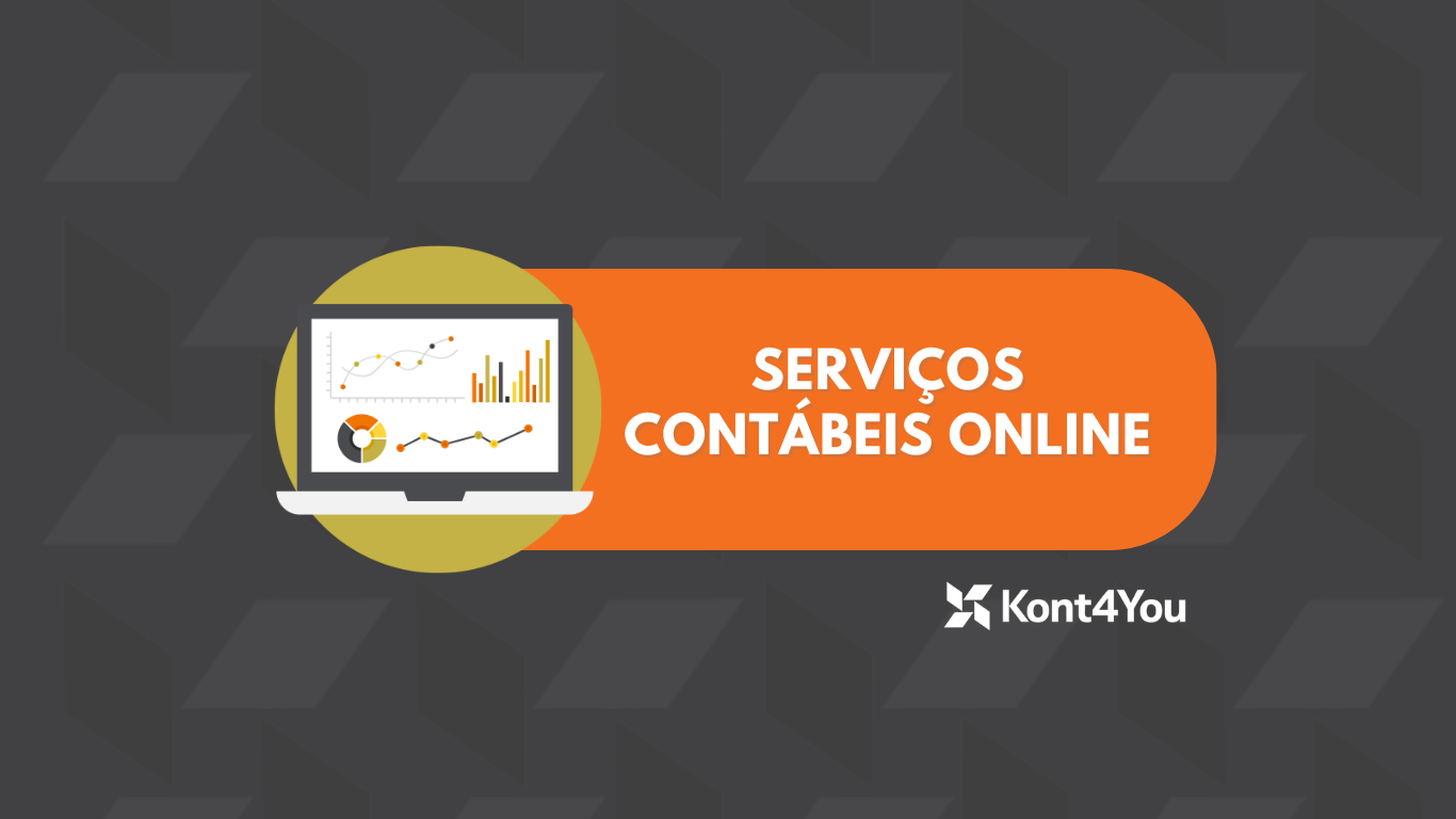 Laptop exibindo gráficos financeiros, representando serviços contábeis online oferecidos pela Kont4You, em destaque sobre fundo cinza e laranja.