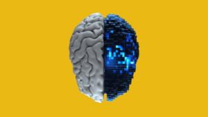 Representação visual de um cérebro metade humano e metade digital, simbolizando agentes de inteligência artificial no ambiente corporativo.
