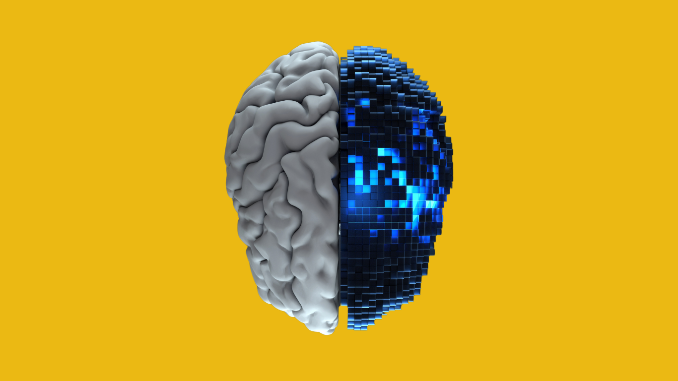 Representação visual de um cérebro metade humano e metade digital, simbolizando agentes de inteligência artificial no ambiente corporativo.